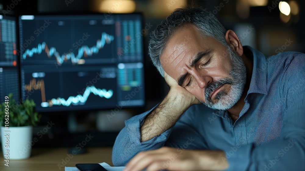 Aufkleber exhausted stock broker working late with charts and graphs