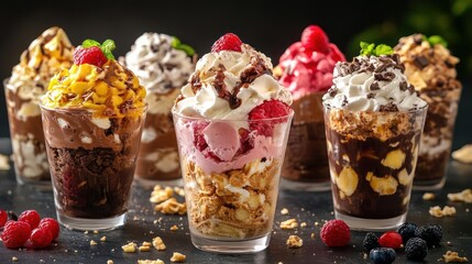 Various desserts displayed in glasses on a table, with toppings of berries and nuts.