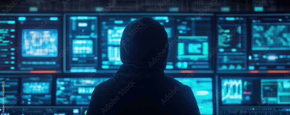 Poster a silhouette of a person in a hoodie observing multiple digital screens filled with data and graphic