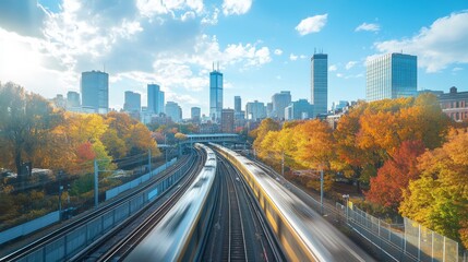 Fototapeta premium High-Speed Train Zooming Through Urban Landscape