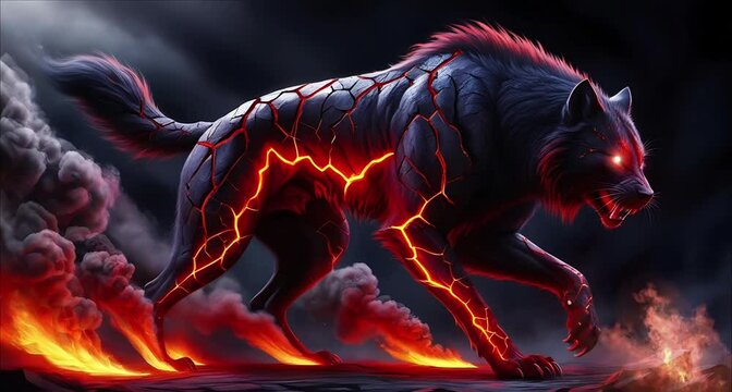 The wolf monster is burning on fire. Seamless 4K looping timelapse video animation background