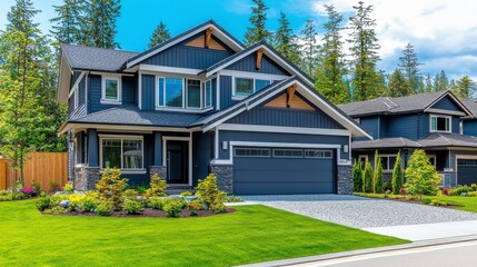 Modern blue house, lush lawn, wooded backdrop, sunny sky, inviting suburban neighborhood, neat landscaping, spacious driveway