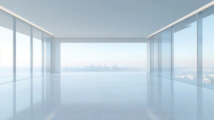 Fototapeta premium Minimalist Glass-Walled Room Skyline Reflection, Soft Light, Open Horizon, Tranquil Atmosphere, Expansive View