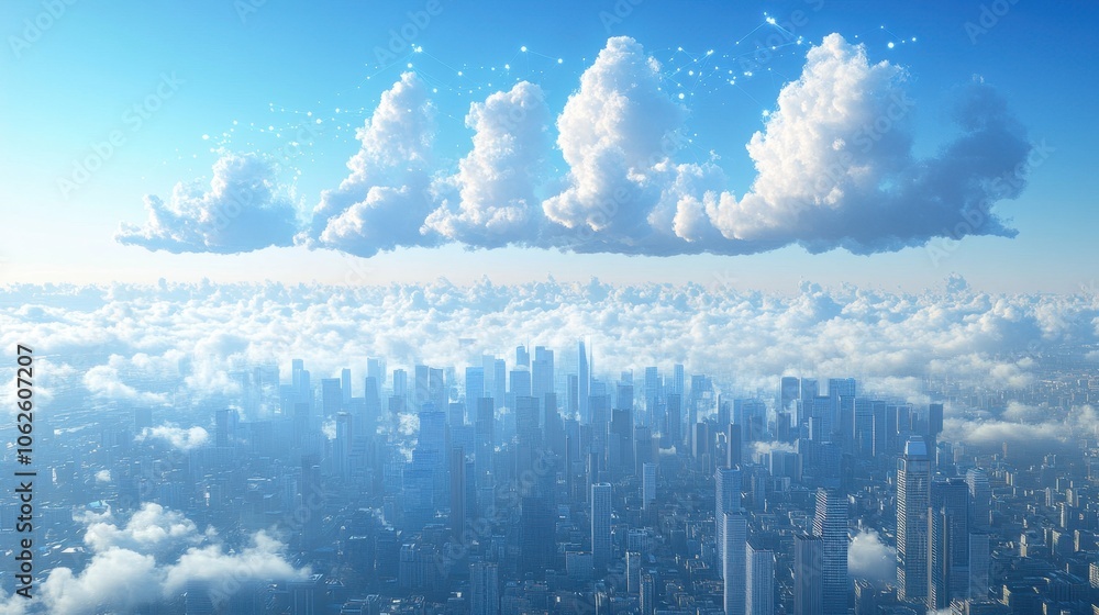 Poster futuristic smart city powered by cloud computing, with buildings interconnected through wireless int