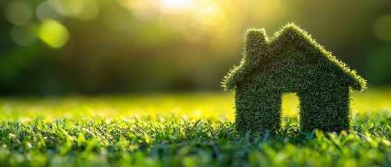 Naklejka premium Eco-House Sunrise, grass-covered house silhouette, sunshine background, symbolizing sustainable living, nature harmony