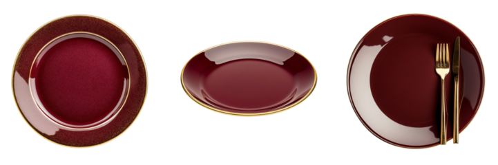 Set of Maroon golden coating empty plate with fork isolated on a transparent background