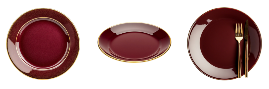 Set of Maroon golden coating empty plate with fork isolated on a transparent background
