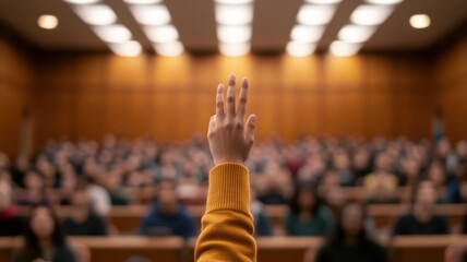 A student raises a hand in a lecture hall filled with attentive viewers, symbolizing participation and inquiry in education.