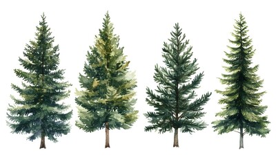 Watercolor set of pine trees, Generative AI 