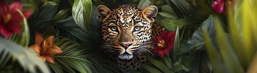 Naklejka premium A stunning close-up of a jaguar peering through vibrant tropical foliage, showcasing its majestic beauty and intricate patterns.