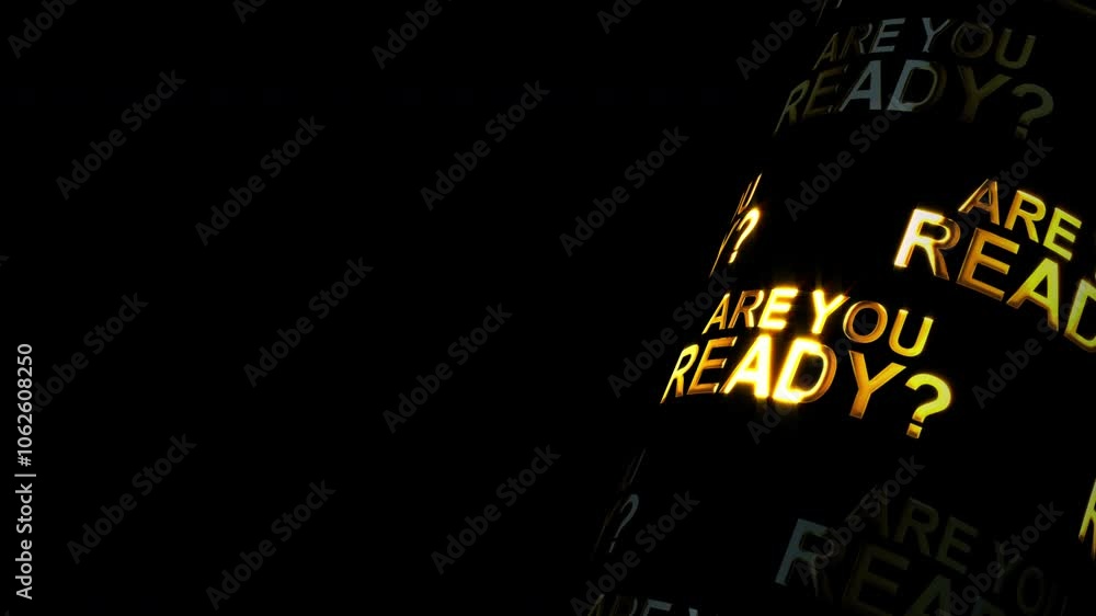 Poster are you ready 3d tube gold glittering glitch text animation on black abstract background with copy s