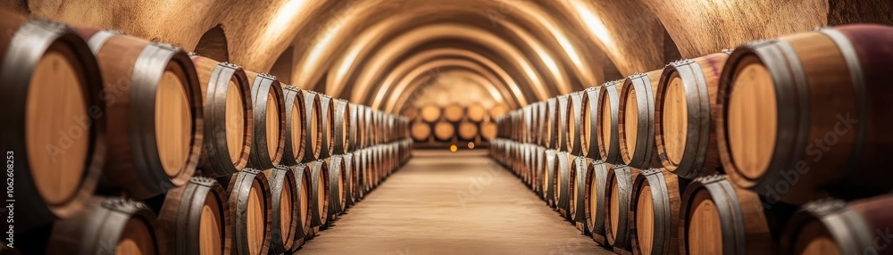 Poster a stunning view of a wine cellar featuring rows of wooden barrels under soft lighting, creating a wa