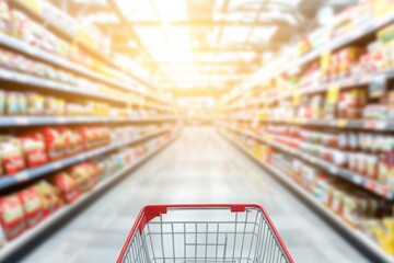 Brightly Lit Supermarket Aisle with Empty Shopping Cart