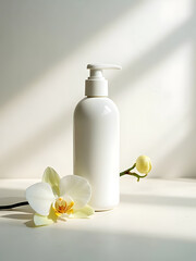White Lotion Bottle with Orchid Flower in Sunlight