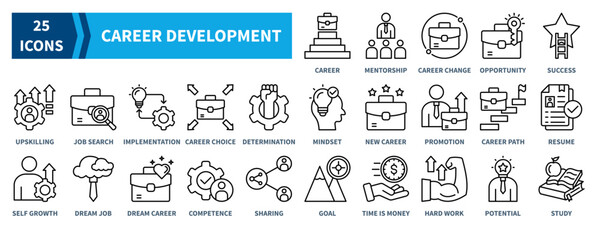 Career Development icon collection set. Containing career, mentorship, opportunity, success, upskilling, implementation, promotion icon. Simple black  outline vector.
