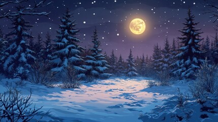 Winter night landscape of snowy forest with fir branches , snow, winter, night, landscape, forest, fir branches, cold, icy