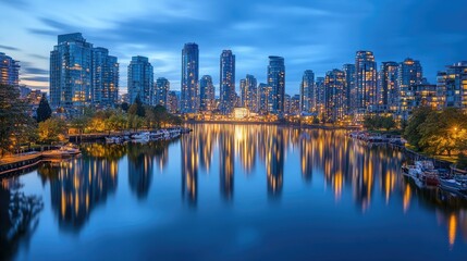 Obraz premium A city skyline at dusk, the lights of skyscrapers reflecting on a calm river.