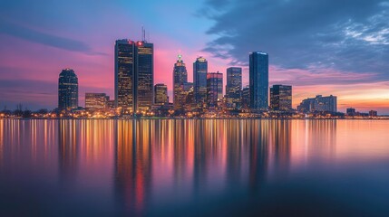Fototapeta premium A city skyline at dusk, the lights of skyscrapers reflecting on a calm river.