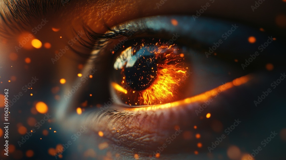 Poster a close-up of a glowing eye, surrounded by floating particles of light, symbolizing an open imaginat