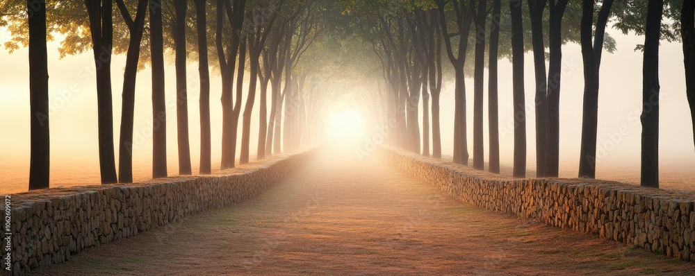Poster a tranquil pathway illuminated by soft light, framed by lush trees, creating a serene and inviting a