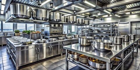Fototapeta premium Industrial Kitchen with Metal Containers: Panoramic View of Modern Culinary Space Featuring Stainless Steel, Pots, Pans, Utensils, Equipment, and Cooking Tools in a Professional Setting