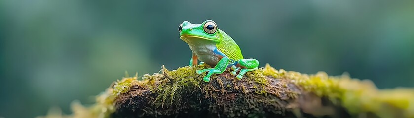 Vibrant Green Tree Frog Perched on Mossy Branch in Lush Rainforest