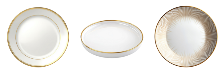Set of white golden coating empty plate isolated on a transparent background