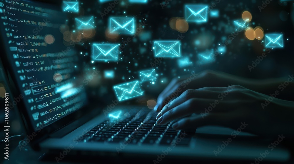 Poster hands typing on laptop keyboard with digital email icons floating on screen, illustrating communicat