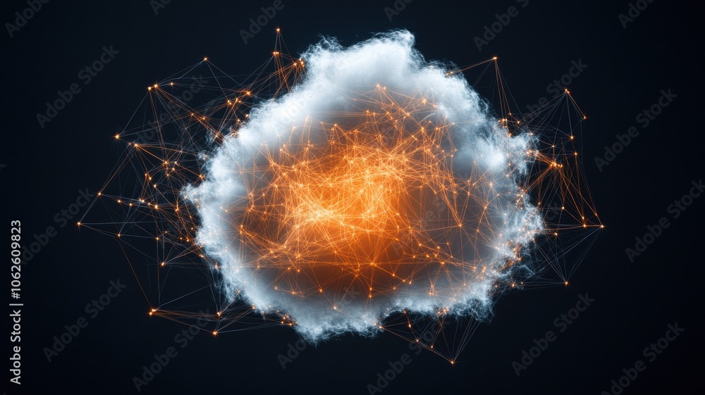 Poster a vibrant cloud with glowing connections, symbolizing data flow and network technology in a digital 