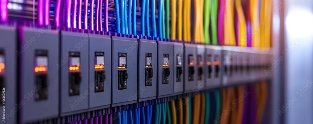 Poster a vibrant close-up of server cables and connectors, showcasing technology and data connectivity in a