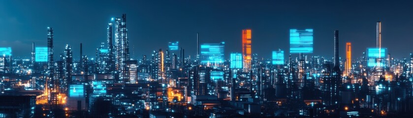 A vibrant cityscape showcasing illuminated skyscrapers with digital screens at night, reflecting modern urban life and technology.