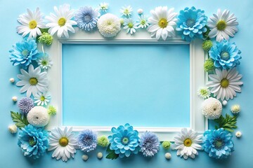 Wide-angle light blue frame with white and blue flowers