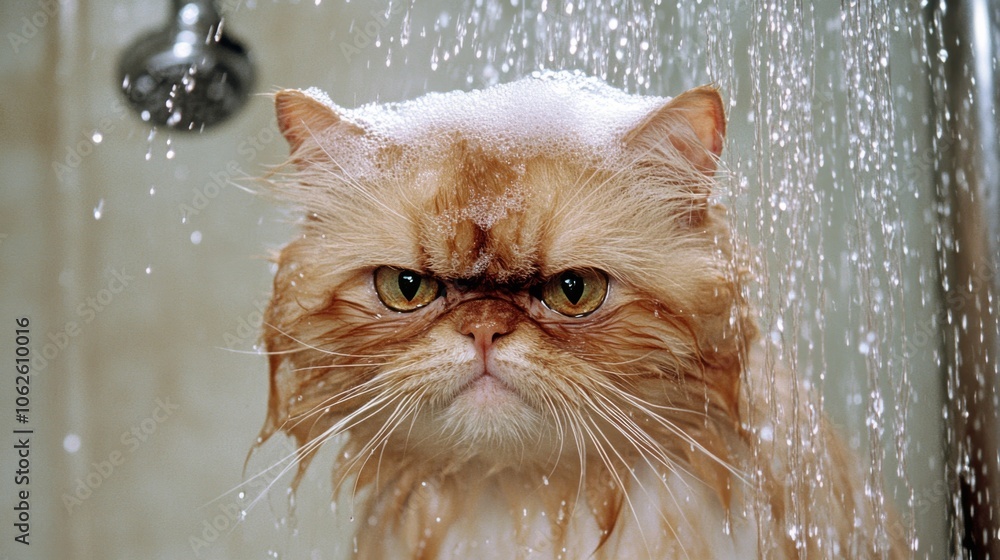 Poster grumpy cat being gently rinsed in shower