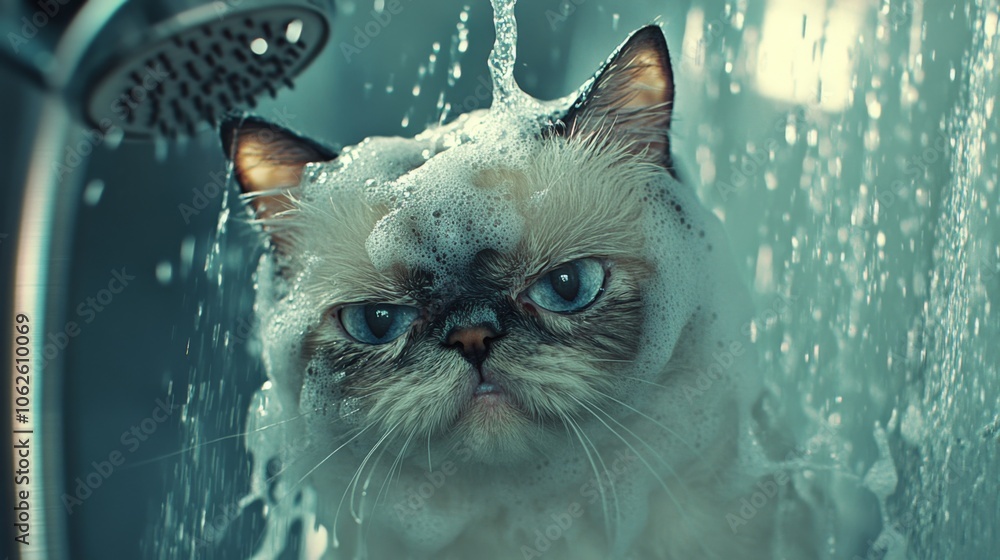 Poster Grumpy Cat Being Gently Rinsed in Bath