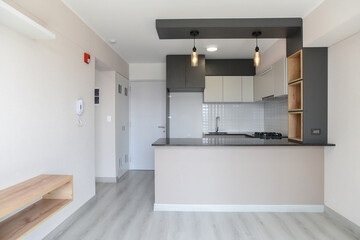 vista de sala de deparatamento con kitchenette estilo americano con mesa de granito y muebles altos...