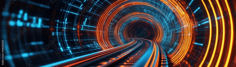 Poster a vibrant digital tunnel graphic with glowing lines creating a sense of movement and depth, perfect 