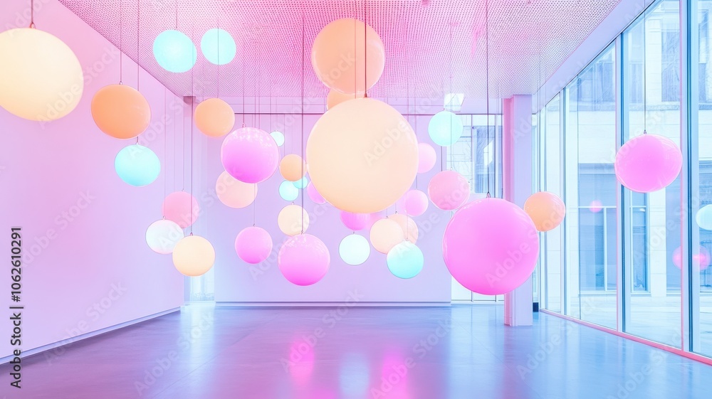 Poster a vibrant display of colorful hanging spheres illuminating a modern space, creating a playful and ar