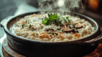 Creamy Risotto with Steaming Mushrooms and Herbs