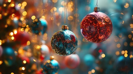 Holiday decorations. Festive Christmas decorations in vibrant colors, New Year celebrations