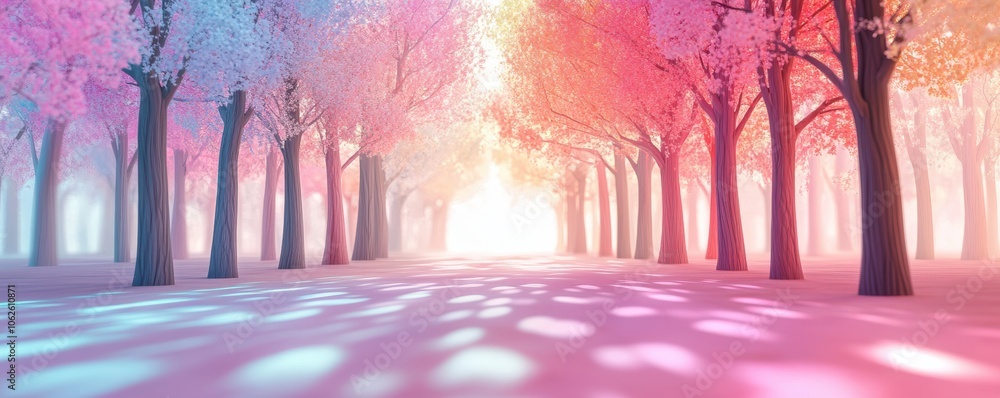 Poster a vibrant path through a magical forest illuminated by colorful trees, creating a serene and enchant