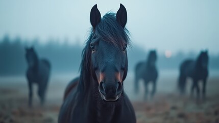 Obraz premium Black Horse Portrait in Misty Field Equestrian Photography