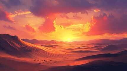 A dramatic sunset over a wind-swept desert, with distant dunes fading into the horizon.