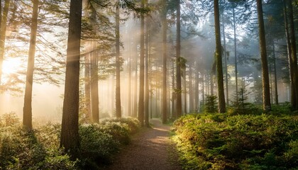 Naklejka premium Mystical Forest Path with Morning Mist