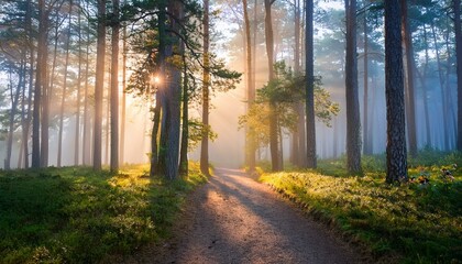 Fototapeta premium Serene Morning Walk in Foggy Woods