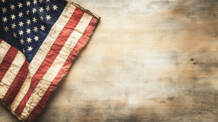 Obraz premium A vintage American flag draped against a rustic wooden background, symbolizing patriotism and national pride.