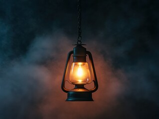 A vintage lantern illuminating a dark, smoky environment, creating a cozy and nostalgic atmosphere.