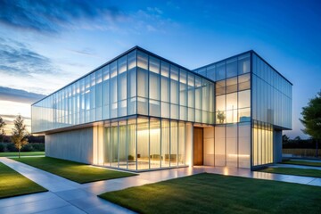 Fototapeta premium Minimalist Clubhouse Architecture: Translucent Frosted Glass Facade, Unique Geometry, Simple Shapes, Modern Design, Clear Lines, Aesthetic Minimalism, Contemporary Building