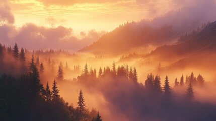 Fototapeta premium A fog-covered valley at sunrise, with trees peeking through the mist and soft golden light.