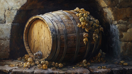 Fototapeta premium Rustic Wine Barrel, Autumn Leaves, Cellar Painting
