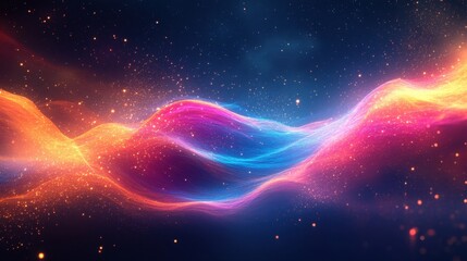 Obraz premium Abstract digital waves in neon blue, pink, and orange colors with glowing particles.